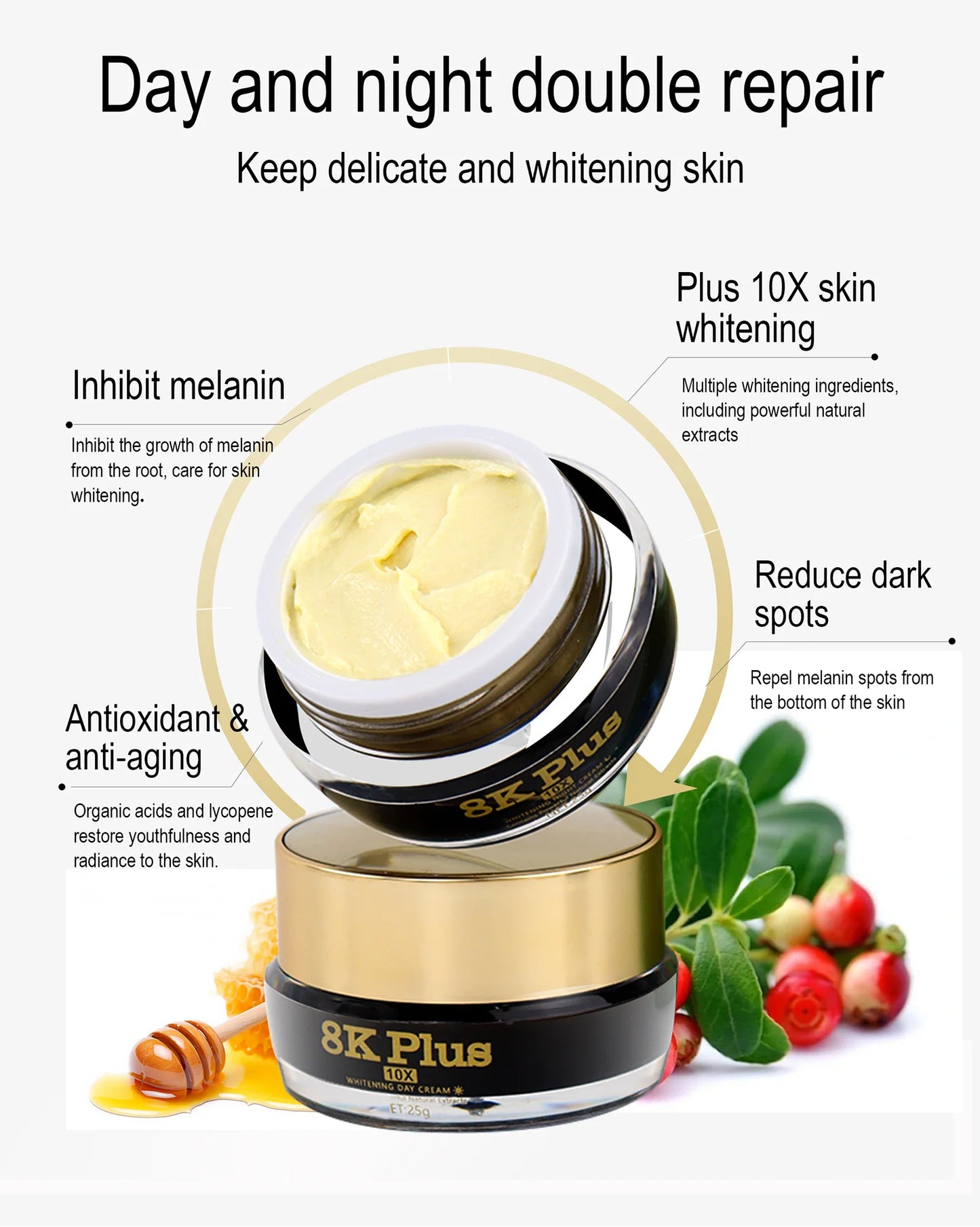 AILKE Whitening Face Cream, Reduce Dark Spots, Sun Spots, Inhibit Melanin, With Collagen, Glutathione, For All Skin Types