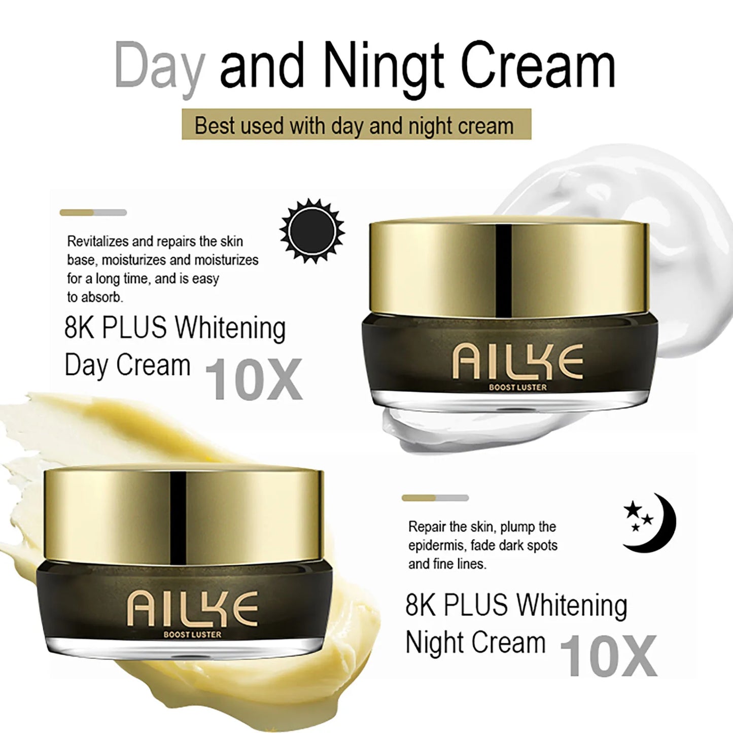 AILKE Whitening Face Cream, Reduce Dark Spots, Sun Spots, Inhibit Melanin, With Collagen, Glutathione, For All Skin Types