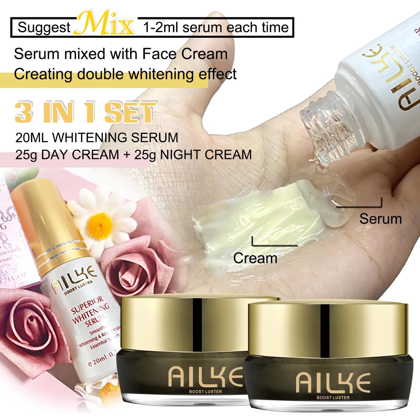 AILKE Whitening Face Cream, Reduce Dark Spots, Sun Spots, Inhibit Melanin, With Collagen, Glutathione, For All Skin Types