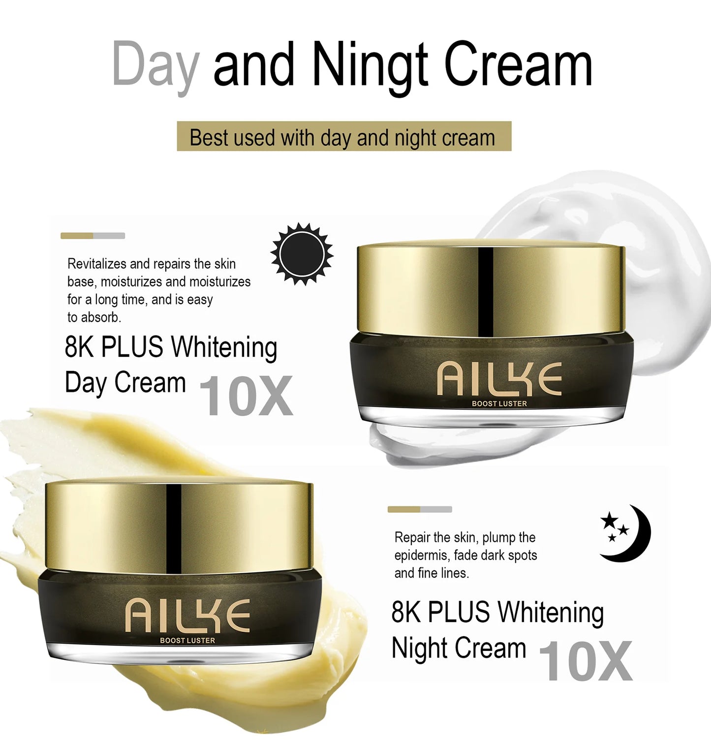AILKE Whitening Face Cream, Reduce Dark Spots, Sun Spots, Inhibit Melanin, With Collagen, Glutathione, For All Skin Types
